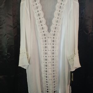 La Blanca Island Fare Cotton Crocheted Lace Trim Tunic Swim Cover-Up NWT L